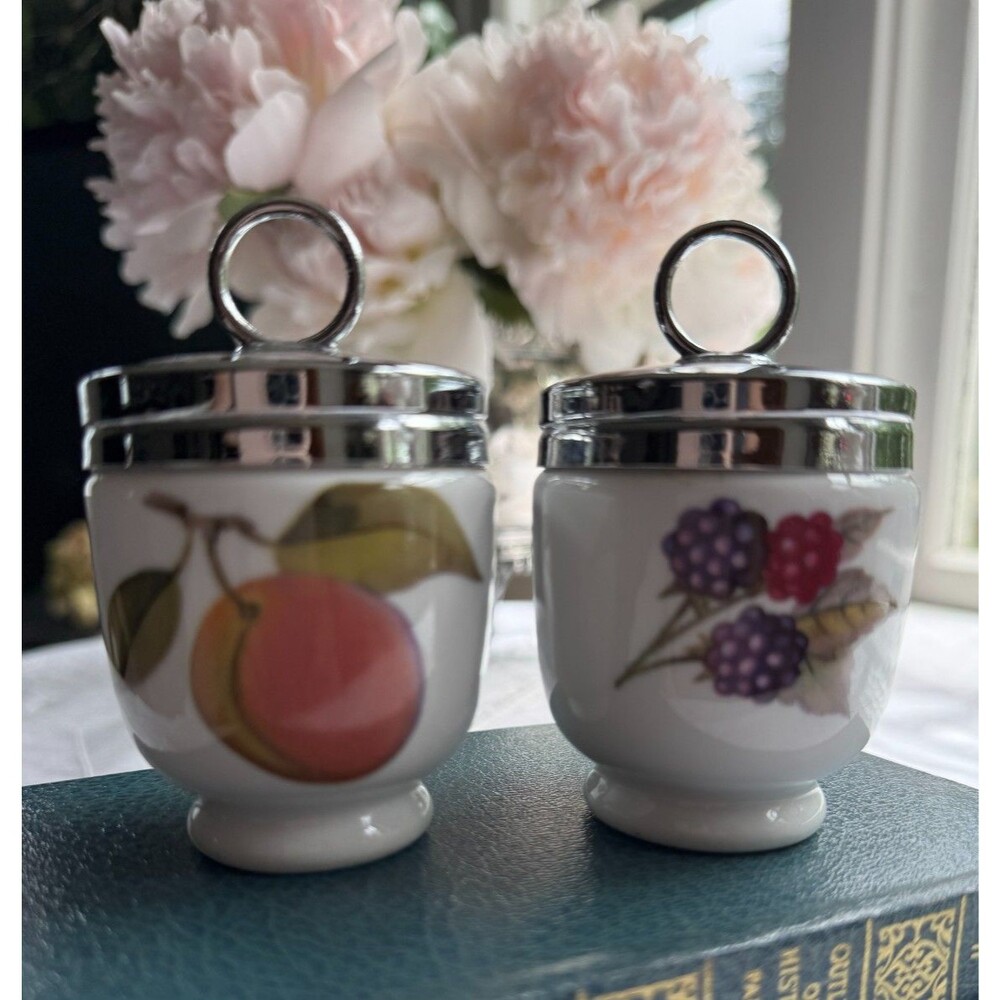 Royal Worcester England Pair of Egg Coddlers Fruit Peach Blackberry VTG